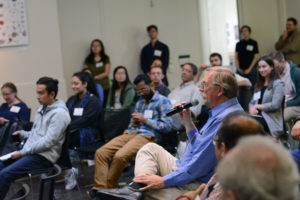Audience members asked questions following the research presentations.