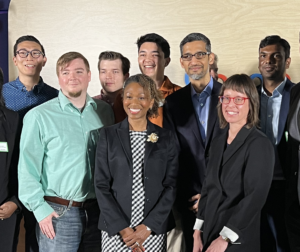 Google CEO Sundar Pichai, center, with Acting National Cybersecurity Director Kemba Walden, front left, and UC Berkeley’s Ann Cleaveland, front right, pictured together with cybersecurity clinic students from across the U.S. at the formal announcement of Google’s $20M investment in cybersecurity clinics.