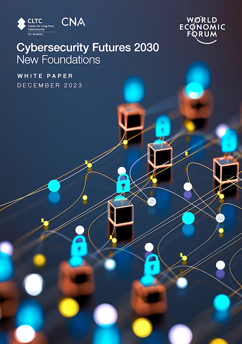 Cover of Cybersecurity Futures 2030 report, showing padlocks, cubes, and other shapes