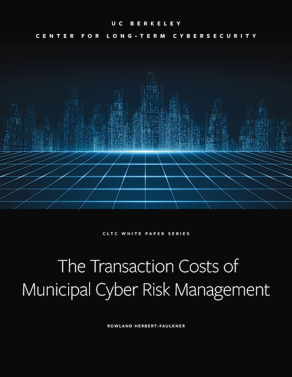 cover of report "transaction costs of cybersecurity," showing skyscrapers made of blue dots
