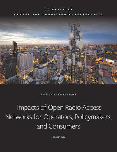 cover of the Open RAN report, showing a cellular tower in a major city