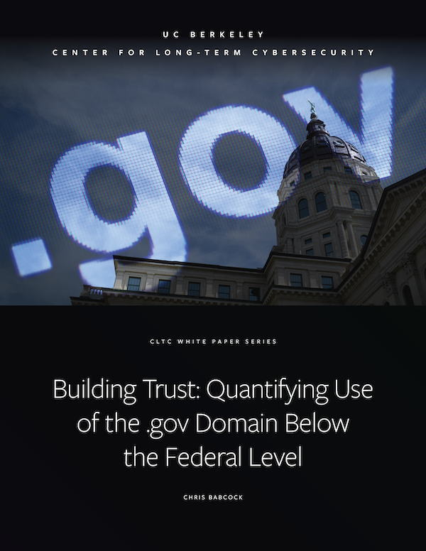 cover of the "building trust" report, with a glowing .gov in front of a government building